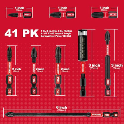 Geinxurn Impact Tough Mixed #1#2#3 Phillips D2 Steel Long Extension Insert Driver Bits, 41Pack 1/4 Inch Hex Shank Long Cross Magnetic PH1/PH2/PH3 Screwdriver Bits Set with 1Pcs Magnetic Bit Holder - size: MIXED-PHD2-41PCS
