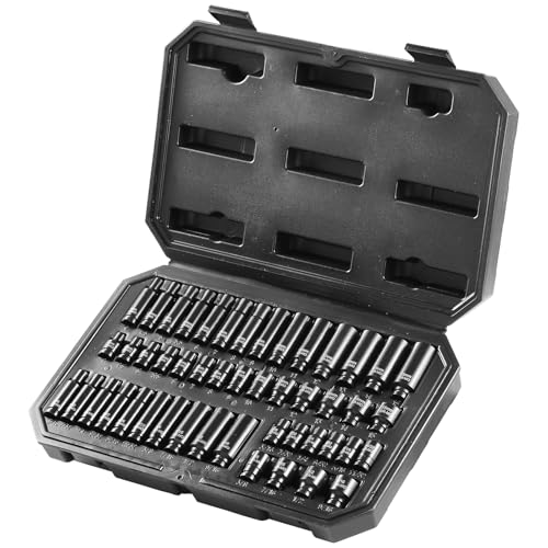 VEVOR Drive Impact Socket Set 1/4" - 48 Piece Deep & Shallow Socket Set SAE 3/16"-9/16" and Metric 4-15mm - 6 Point Cr-Mo Alloy Steel for Auto Repair - Easy-to-Read Size Markings Storage Case - style: 1/4" 48PCS CR-MO