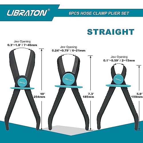 Libraton Hose Clamp Pliers - 6pc Set, Straight & 90, Plastic, Brake, Fuel, Coolant, Radiator Hose, Gas Line - style: Plastic Pilers