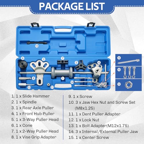DASBET 9-Way Slide Hammer Puller Set | 19PCS Front Wheel Hub Bearing Remover & Rear Wheel Axle Hub Dent Shaft Puller Tool Kit, Dent Hub Gear Puller Remover Set