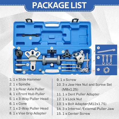 DASBET 9-Way Slide Hammer Puller Set | 19PCS Front Wheel Hub Bearing Remover & Rear Wheel Axle Hub Dent Shaft Puller Tool Kit, Dent Hub Gear Puller Remover Set