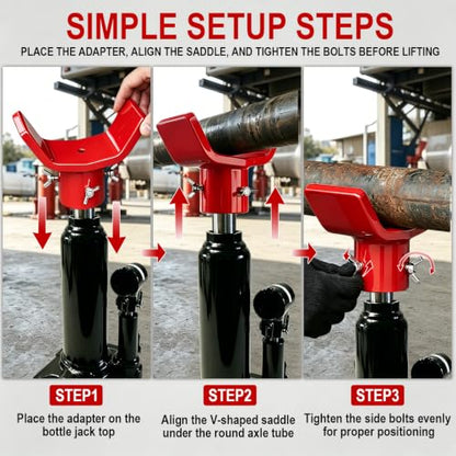 Bottle Jack Adapter,V-Shaped Axle Saddle, Adjustable Bolts(Red) | Fits compatible 2T-12T bottle jacks with jack ram up to 1.61 in;threaded side bolts help center the adapter on the jack top - color: Red Bolts