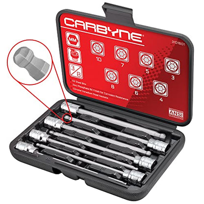 CARBYNE 7-Piece Extra Long Ball End Hex (Allen) Bit Socket Set, Metric 3mm to 10mm, 3/8 in. Drive, S2 Steel, CrV Sockets, Zinc Phosphate Bit Finish, 6.1 in. Length, Durable Case - style: Metric Hex, Ball-End