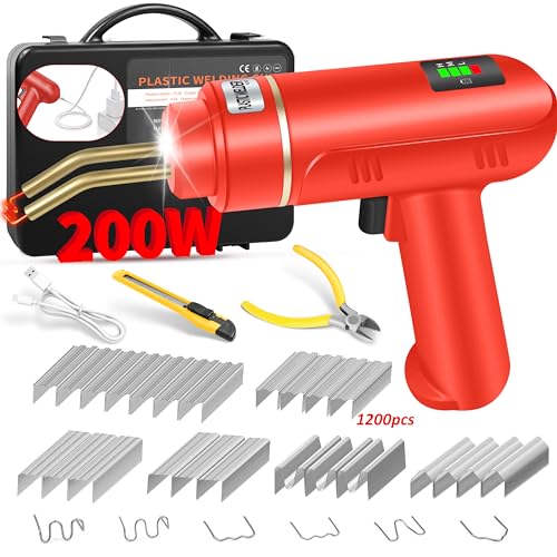 200W Cordless Plastic Welder, Plastic Welding Kit with 1200PCS Hot Stapler, USB Rechargeable Plastic Welder Gun with 5000mAh Battery, Plastic Weld Bumper Repair Kit for Most Plastic Repair - color: Red