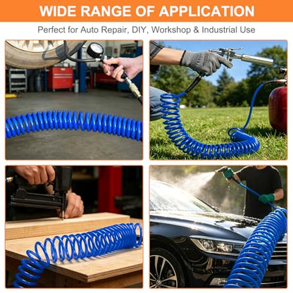 PU Recoil Air Hose, 1/4" NPT Polyurethane Coiled Air Compressor Hose with Quick Coupler & Bend Restrictors, Flexible Retractable Spring Air Line for Pneumatic Tools, Garage, Workshop 25'' Blue