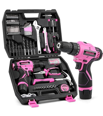 147 Piece Pink Power Drill Drivers Tool Set with 12V Cordless Drill, Professional Household Home Tools Kit Set, DIY Pink Electric Drill Cordless Hand Tool Box for Women - style: 147 Piece Pink
