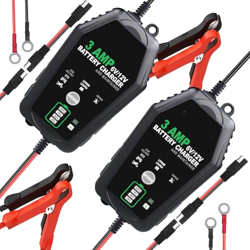 [2 Pack] 3-AMP Car Battery Charger, 6V/12V Trickle Charger and Maintainer, Fully-Automotive Float Charger/Desulfator for Cars, Boats,Motorcycles, Lead Acid,Lithium,Lifepo4,Deep Cycle Batteries