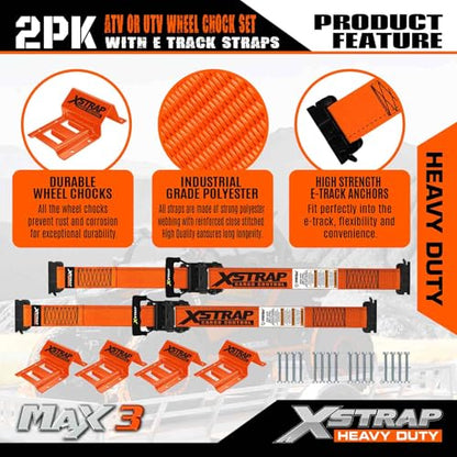XSTRAP STANDARD 2-Pack Wheel Chock E-Track Tie Down Straps Kit, 2" x 9FT | 4,500lb Break Strength Over-The-Tire Ratchet Straps with Steel Wheel Chocks for ATV, UTV, Lawn Mower, Trailer Hauling, Orange - size: Orange-2PK-9FT