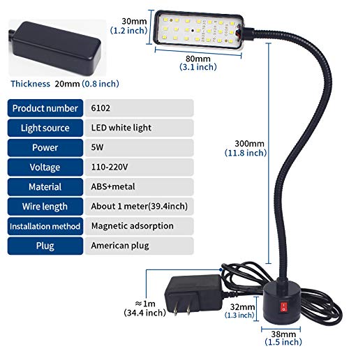 Led Magnetic Work Light 21 LEDs 300mm FlexibleGooseneck lamp 500 Lumens 120 Volt for SewingMachine Lathe Milling Drill Press Industrial Lighting - color: Round Magnetic Base, 5W, 12"