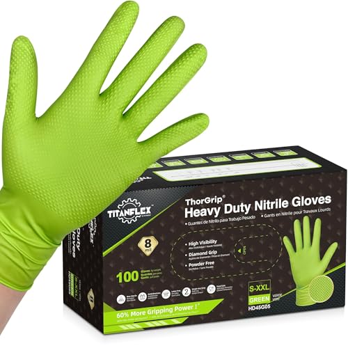 TitanFlex Heavy Duty Industrial Nitrile Gloves with Raised Diamond Texture, 8-mil, Latex Free (Green/Dark Green/Yellow) - color: 02 Green (100ct), size: X-Large