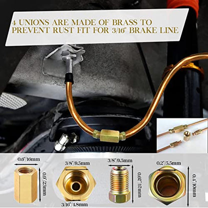 3/16 Copper Coated Flexible Tube Roll - 25 ft + Brake Line Flaring Tool Kit - Single & Double Flare Tool Kit + Tube Bender with 16 Fittings & 4 Unions