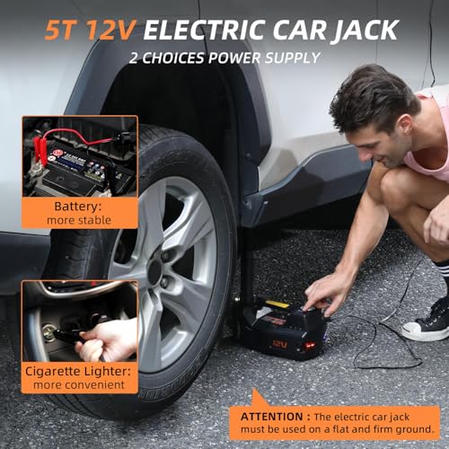 STANDTALL Electric Car Jack 5 Ton 12V Floor Jack, Impact Wrench, Inflator | Fits Sedan SUV Truck, Lift Range 5.9-17.7in, 350 N·m Impact Wrench, 35L/min Pump, 150 PSI Gauge, Headlight - color: Black Jack+Portable Wrench