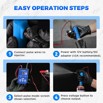 Fuel Injector Tester Cleaner Kit for Auto & Motorcycle | 8 adjustable pulse modes; compatible with 12V/5V; 6 size adapters; LCD display; dual channel 4-wire design