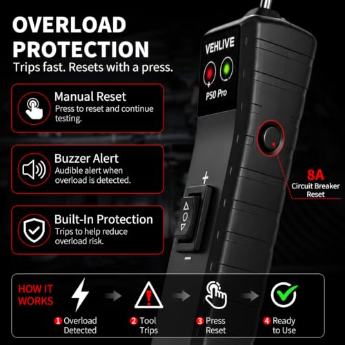 P50 Pro Power Circuit Probe Tester, 6-24V DC Automotive Circuit Tester with Component Activation, Dual LEDs, Manual Reset Protection, Polarity & Continuity Test, Short Finder Test Light