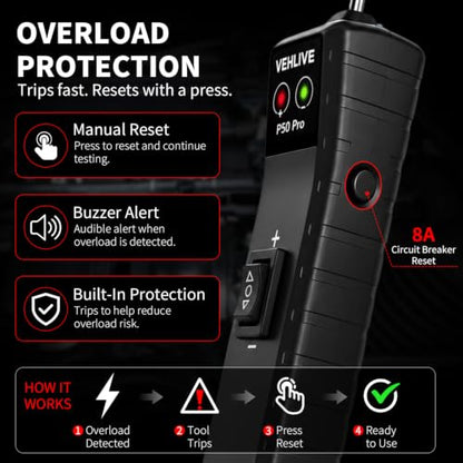 P50 Pro Power Circuit Probe Tester, 6-24V DC Automotive Circuit Tester with Component Activation, Dual LEDs, Manual Reset Protection, Polarity & Continuity Test, Short Finder Test Light