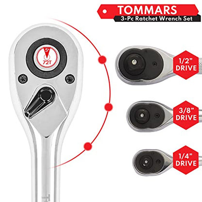 TOMMARS Ratchet Set 1/4" 3/8" 1/2" Drive Socket Wrench Mechanic Hand Tool | 72 Tooth 5-degree swing arc, Quick Release, Reversible - size: 1/4", 3/8", 1/2" Drive, style: Ratchet Set