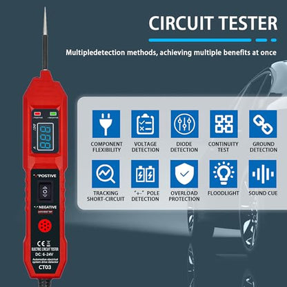 CT03 Power Circuit Tester, 6-24V DC Test Light Short Circuit, Automotive Component Electrical Polarity Identify Continuity Tester, Overload Protection - color: Red