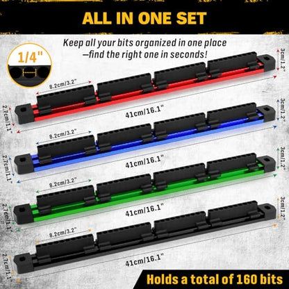 ELEAD 4-Piece Magnetic Slidable Drill Bit Holder, 160 Holes Bit Storage with Strong Magnetic Rail, Screwdriver Drill Bit Organizer for Your Specialty(Bits Not Included) - style: 4 Drill Bit Holder with Magnetic Rail