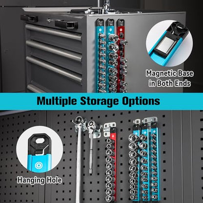 DURATECH Magnetic Socket Organizer Set, 1/4”, 3/8”, 1/2” Aluminum Alloy Socket Rail with 64 Clips, Socket Holder for Tool Box Drawer, Tool Cart and Garage Organization(6PCS) - size: 6PCS