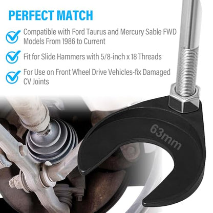 63mm Inner CV Axle Puller Removal Tool with Nut, Front Wheel Drive Axle Pulley Attachment, CV Joint Fork Adapter Fits Slide Hammers with 5/8"-18 Threads, CV Joint Axle Removing Tool - size: 63cm