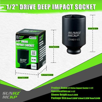 SUNHZMCKP 1/2 Inch Drive Deep Impact Socket, SAE 1-1/2 Inch Socket, 6 Point | Large Sockets, 6 Point Axle Nut Socket for Easy Removal of Axle Shaft Nuts, CR-MO - color: Sae, size: 1-1/2 inch