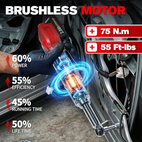 3/8" Electric Ratchet Wrench Cordless 21V, 55 Ft-lbs Brushless Ratchet Wrenches with Extension Bar, Adapter, 7 Sockets, LED Light, 70 N.M High Torque Ratchet Tool Set with 2 Batteries & Charger
