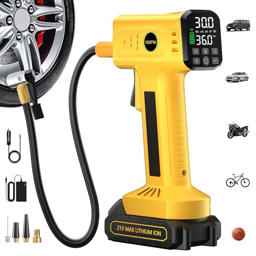 Tire Inflator Portable Air Compressor, 160 PSI Cordless Tire Inflator | Fast Inflation, 21V Rechargeable Battery & 12V Car Power Adapter, Air Pump for Car Tires, SUV, Motorcycle, Bike, Ball - color: Yellow