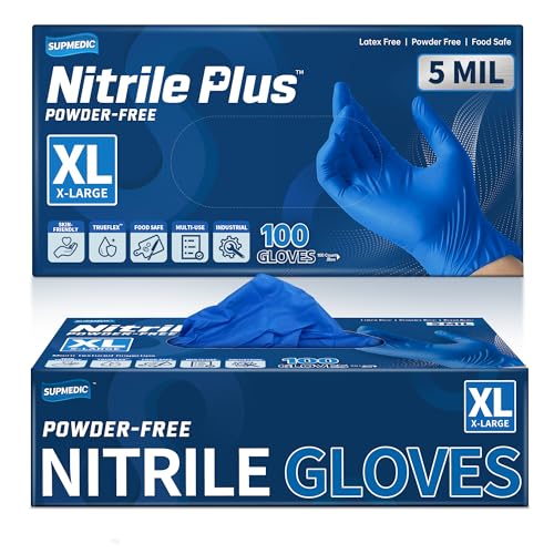Supmedic Nitrile+ Disposable Gloves, 5Mil Chemical Resistant Powder-Free Latex-Free Glove Exam Cook Tattoo, Black Blue 100Pcs - color: (Blue) X-large