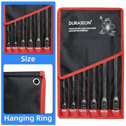 Extra Long Flex Head Ratcheting Wrench Set 6PCS Metric (8-19mm), Double Box End Wrench Set 180° Flexible Head CR-V Steel for Tight Engine Bays, with 4PCS Socket Wrench Adapters & Pouch