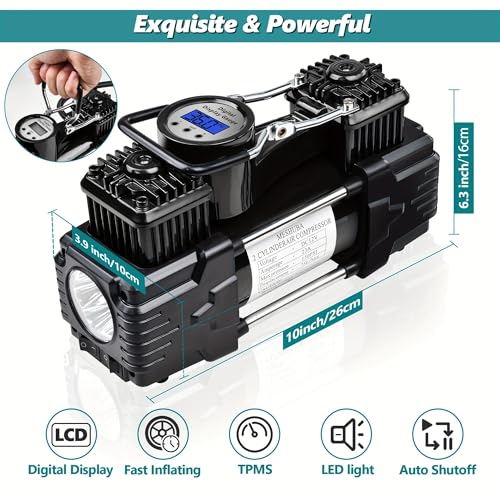 Dual Cylinder Portable Tire Inflator Air Compressor, 150 PSI 12V DC Air Pump with Digital Display, Emergency LED Light, Auto Shut-Off, Heavy Duty - color: Black