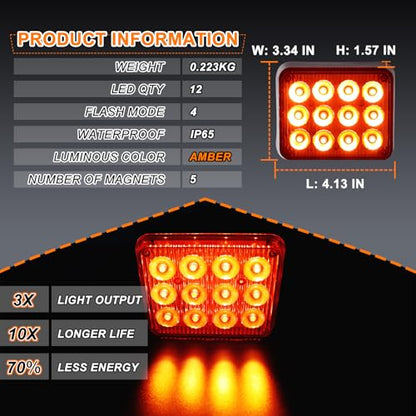 2PCS Amber LED Emergency Strobe Lights, Magnetic Flashing Lights | Rechargeable Strobe Beacon Light,Wireless Battery Powered 12-LED Caution Safety Warning Light for Trucks Trailer Car Van Tow - color: Amber