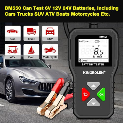 KINGBOLEN BM550 6V 12V 24V Car Battery Tester, 100-2000 CCA Voltage Tester 2Ah-220Ah Internal Resistance Tester Accurate Digital Auto Battery Analyzer for Cars Trucks SUV ATV Boats Motorcycles Vehicle | 100-2000 CCA BM550 Battery Tester, Accurate Digital