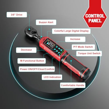 SUERCUP 3/8" Digital Torque Wrench (0.66-44.29Ft.Lb/0.9-60N.m) | ±1% Accuracy with Vibration/Buzzer/LED Alerts, 9 Presets & 5 Units, for Moto Engine/Brake, Car Spark Plug & Oil Drain Repair - size: 3/8" 0.66-44.29Ft.Lb/0.9-60N.m