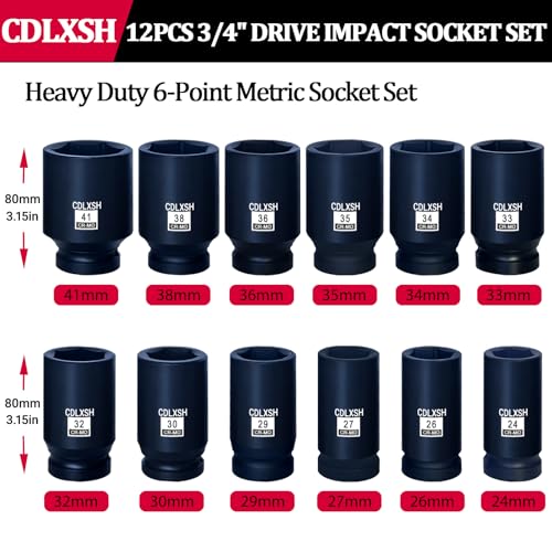 3/4 Inch Drive Impact Socket Set, 12 Pcs Metric Deep Impact Sockets | Standard 6-Point Metric Socket Set(24mm-41mm), Cr-Mo Steel, Overall Heat Treatment for Vehicle and Equipment Repair - style: zxttgj-3/4-12PC-Metric Socket