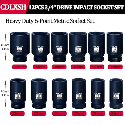 3/4 Inch Drive Impact Socket Set, 12 Pcs Metric Deep Impact Sockets | Standard 6-Point Metric Socket Set(24mm-41mm), Cr-Mo Steel, Overall Heat Treatment for Vehicle and Equipment Repair - style: zxttgj-3/4-12PC-Metric Socket