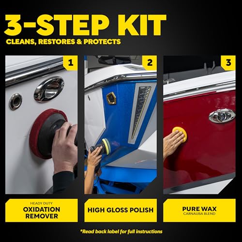 Meguiar's M4965 Marine/RV Fiberglass Restoration System, 3-Piece Marine Fiberglass Repair Kit Featuring Oxidation Remover for Boat Care Plus Boat Polish and Wax - style: Restoration System