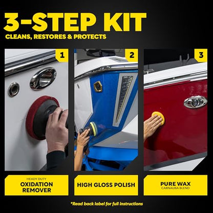 Meguiar's M4965 Marine/RV Fiberglass Restoration System, 3-Piece Marine Fiberglass Repair Kit Featuring Oxidation Remover for Boat Care Plus Boat Polish and Wax - style: Restoration System