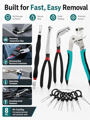 Electrical Disconnect Pliers and Car Clip Removal Tool Set | 4 automotive disconnect and clip tools plus 8 terminal release pins for wiring connectors, trim clips and fastener removal