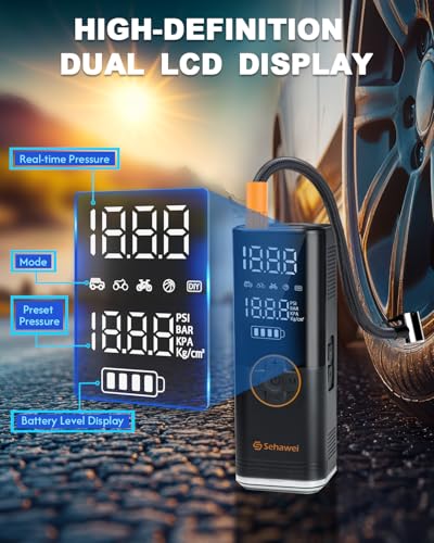 Sehawei Tire Inflator Portable Air Compressor,4X Faster 150PSI & 20000mAh Air Pump for Car Tires,Electric Air Pump with Digital Dual LCD Display for Cars,Motorcycles,Bikes,Balls