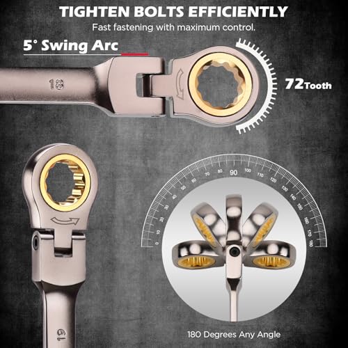 SEDY Premium 12-Piece Metric Flex-Head Ratchet Wrenches Set 8-19mm with Magnetic Organizer, Cr-V Steel Ratcheting Wrench Set with 72 Teeth 180° Flex Head, Ratchet Combination Wrench Set for Repair - style: 12-Piece Flex-Head (Metric)