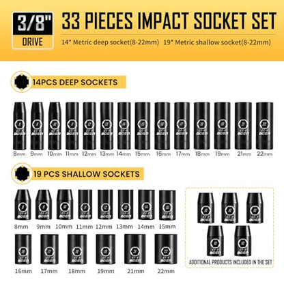 BOEN 3/8" Drive Impact Socket Set, 57-Piece Standard SAE (5/16 to 3/4 inch) and Metric (8-22mm), Include Ratchet Handle, Extension Bar, Universal Joint, Adapter, and Additional 5 10mm Sockets