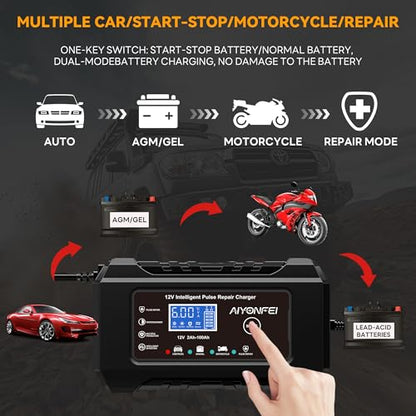 6A 12V Car Battery Charger Smart Maintainer Trickle Charger, Black | Smart Battery Desulfator, Temperature Compensation, for Car Truck Motorcycle, Lawn Mower Marine - color: Black