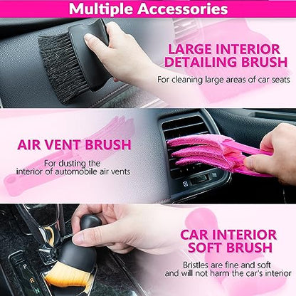 ThinkLearn Car Cleaning Kit, Car Corded Vacuum Detailing Kit Interior with High Power Handheld Vacuum, Including 7Pcs Detailing Brush Set, Windshield Cleaner, Pink Car Accessories for Women