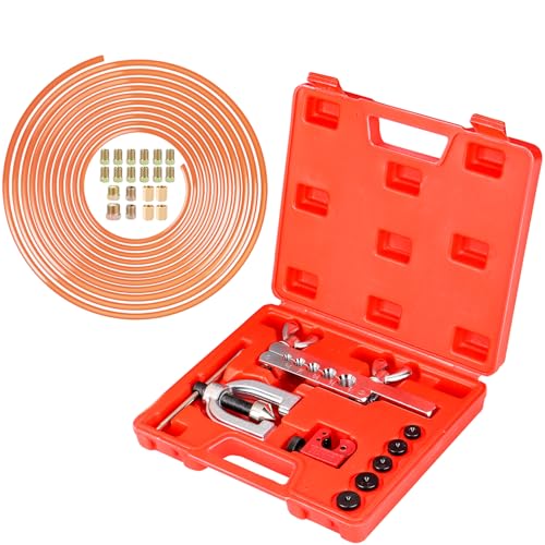 Brake Line Kit, 1/4" Brake Line Flaring Tool Kit, Copper Coated Brake Line (With 16 Fittings and 4 Threads Unions) and Double & Single Flare Tool (With Tube Cutter And 5 Adapters) - size: 1/4" Brake Line Kits