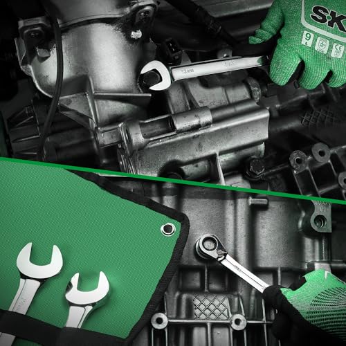 SK Reversible Ratcheting Wrench Set, Combination Wrenches, Metric 16-Piece | Ratchet Wrenches Set 72-Tooth, Chamfered Head Design, Premium CR-V Steel, Roll-Up Pouch