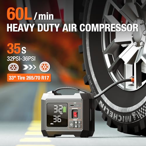 Portable Heavy-Duty Tire Inflator for Pickup Truck,RV, 300PSI Air Compressor, 9X Faster Inflator with 3.7 inch Digital Gauge. 5 Safety Protections and Cooling System for Truck, SUV, Cars (Dark Black)