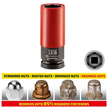 Powerbuilt 13/16 in. Zeon Lug Nut Socket – SAE, 1/2" Drive, Impact-Rated Chromoly Steel with Protective Wheel Saver Sleeve for Damaged or Rounded Lug Nuts - 941431M - size: 20.6 mm