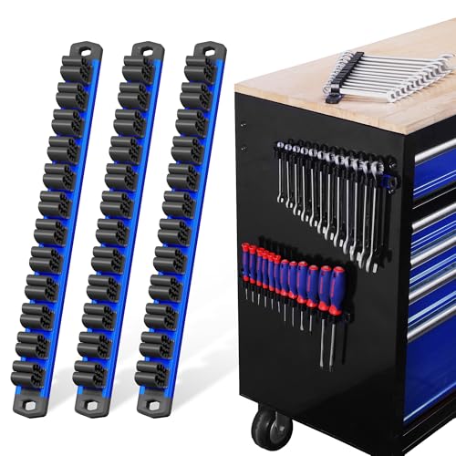 WORKPRO Magnetic Screwdriver and Wrench Organizer Set, 36-Slot Tool Holders | 3-Pack Aluminum Rails, Magnetic Force, Flexible High-Tension Tool Clips, For Tool Box Drawer & Wall-Mount Storage - color: Blue, size: 3 Pack