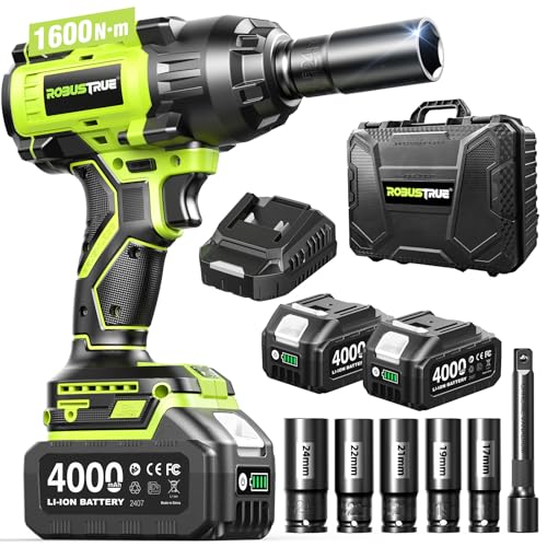 Robustrue 1600N.m (1180ft-lbs) Cordless Impact Wrench, 1/2 High Torque Brushless Impact Gun, 2400RPM Power, 2 x 4.0Ah Batteries, Fast Charger, Impact Wrench for Heavy Duty Truck RV Mower - color: Green2