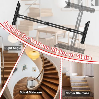 Stair Tread Template Tool – Stair Tread Gauge Jig, Aluminum Alloy Measuring and Scribe Tool for Accurate Angle, Depth, and Length Measurement of Stairs, Risers, and Partitions - color: FullBlack